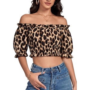 image:imageLYANER Womens Off The Shoulder Crop TopsBlack Leopard