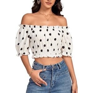 image:imageLYANER Womens Off The Shoulder Crop TopsBlack Polka Dots