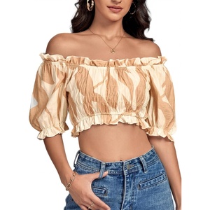 image:imageLYANER Womens Off The Shoulder Crop TopsKhaki Lines