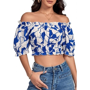 image:imageLYANER Womens Off The Shoulder Crop TopsLight Royal Blue Blocks