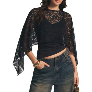 image:imageLYANER Womens Sheer Floral Lace Poncho TopBlack