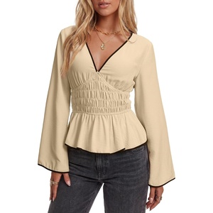 image:imageLYANER Womens Smocked Deep V Neck Babydoll TopsBeige