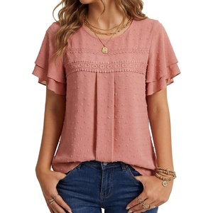 image:imageLYANER Womens Swiss Dots Pleated Tunic TopsDark Pink