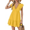 image:imageLYANER Womens Deep V Neck Ruffle Short Sleeve A Line Swing Flared Cocktail Party Mini Dress Mustard Yellow Small