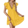 image:imageLYANER Womens Deep V Neck Ruffle Short Sleeve A Line Swing Flared Cocktail Party Mini Dress Mustard Yellow Small