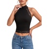 image:imageLYANER Womens Ribbed Knit Lace Trim Casual Crop Tank TopsBlack