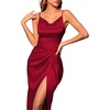 image:imageLYANER Womens Satin Cowl Neck Sleeveless Split Ruch Strap Sexy Cocktail Midi DressDark Red
