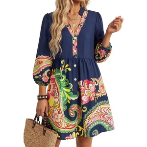 image:imageLYANER Womens Boho V Neck 34 Sleeve Casual Mini DressNavy Blue