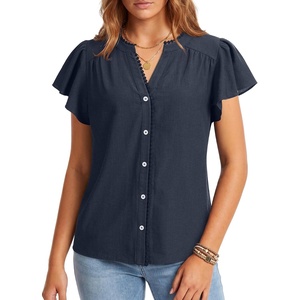 image:imageLYANER Womens Button Down V Neck Casual BlouseDark Blue
