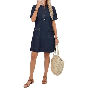 image:imageLYANER Womens Button Up Short Sleeve Casual Denim DressDark Blue