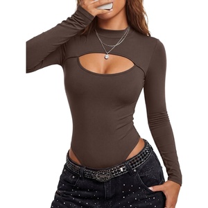 image:imageLYANER Womens Cutout Front Sexy BodysuitsBrown
