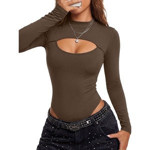 image:imageLYANER Womens Cutout Front Sexy BodysuitsDark Brown
