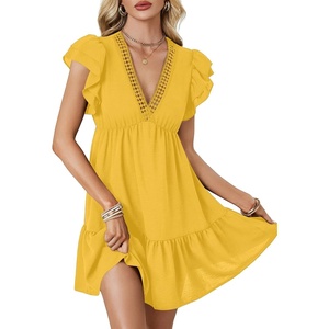 image:imageLYANER Womens Deep V Neck Ruffle Short Sleeve A Line Swing Flared Cocktail Party Mini Dress Mustard Yellow Small