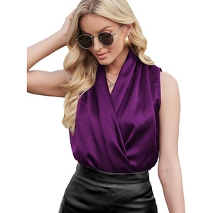 image:imageLYANER Womens Elegant Satin Wrap V Neck Sleeveless Tank Blouse Tee Top