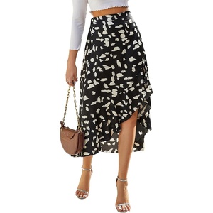 image:imageLYANER Womens Floral Printed Split High Low Ruffle Hem Elastic Waist Midi SkirtBlack