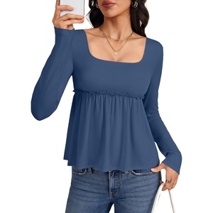 image:imageLYANER Womens Frill Square Neck Casual Peplum TopDenim Blue