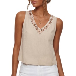 image:imageLYANER Womens Lace Trim V Neck Tank TopsBeige