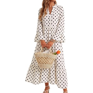 image:imageLYANER Womens Polka Dots Henley V Neck Long DressBeige