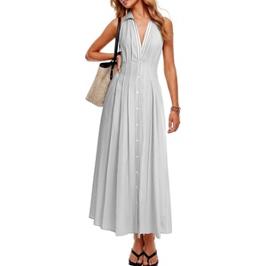 image:imageLYANER Womens Striped Pleated Casual Long DressGray