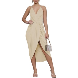 image:imageLYANER Womens Summer V Neck Ruched Wrap Slit Spaghetti Strap Midi Cocktail Wedding Guest DressBeige