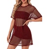 image:imageLYANER Womens Sheer Mesh Sexy Blouse TopsSolid Wine Red