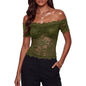 image:imageLYANER Womens Sheer Floral Lace Y2k BlouseArmy Green
