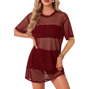 image:imageLYANER Womens Sheer Mesh Sexy Blouse TopsSolid Wine Red