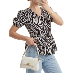 image:imageLYANER Womens Button Down V Neck Peplum TopsBeige
