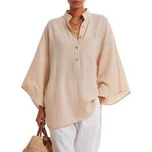 image:imageLYANER Womens Button V Neck Casual Blouse TopsBeige