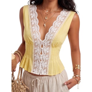image:imageLYANER Womens Lace Trim V Neck Sexy Tank TopsYellow