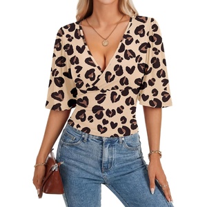 image:imageLYANER Womens V Neck Wrap Ruffle Sleeve Slim Fit Sexy Blouse Shirt Tops Heart Shaped Leopard XLarge