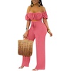 image:imageLYANER Womens Off Shoulder Cut Out Tie Front High Waist Short Sleeve Wide Leg Pants One Piece Jumpsuit RomperLight Red