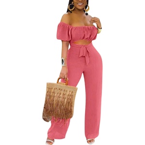 image:imageLYANER Womens Off Shoulder Cut Out Tie Front High Waist Short Sleeve Wide Leg Pants One Piece Jumpsuit RomperLight Red